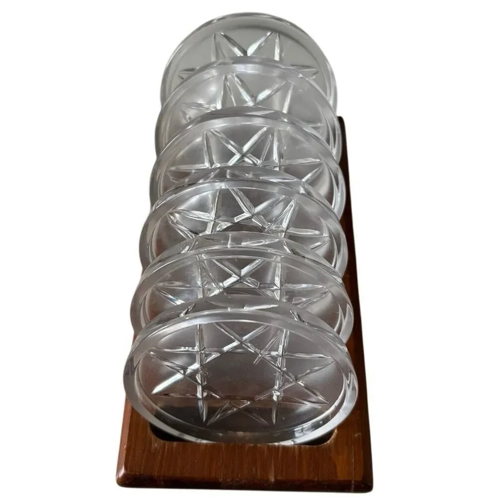 Set Of 6 Vintage Glass Drink Coasters In Wooden Holder